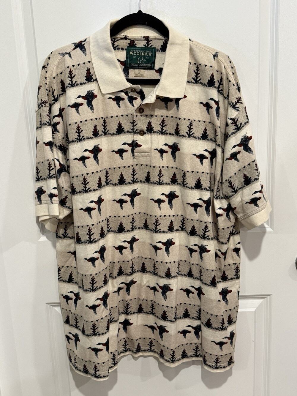 Woolrich Polo Shirt Mens Sz XL Short Sleeve Ducks All Over Print Flying Mallard